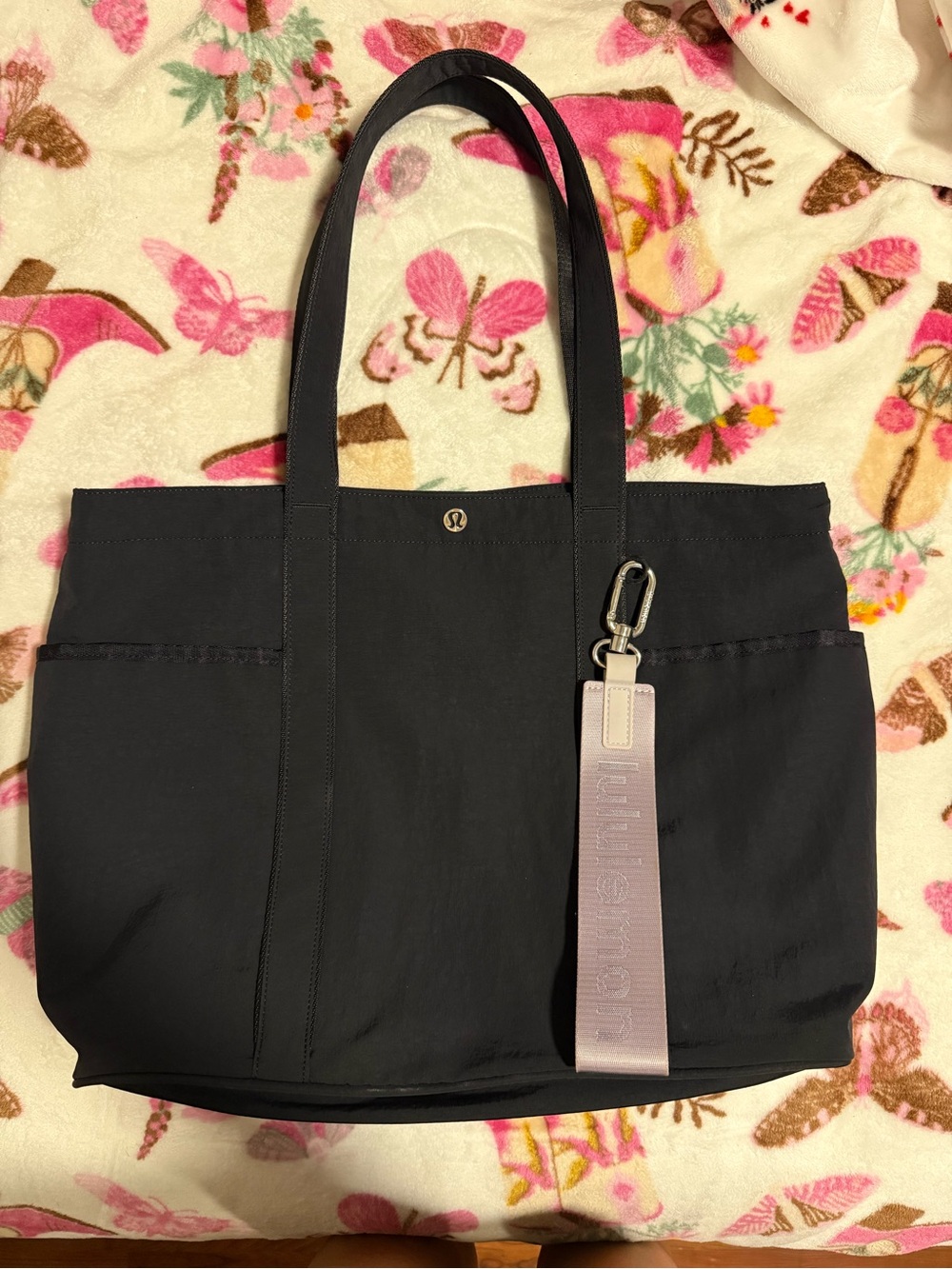 lululemon athletica Black Tote with Lavender Strap Charm